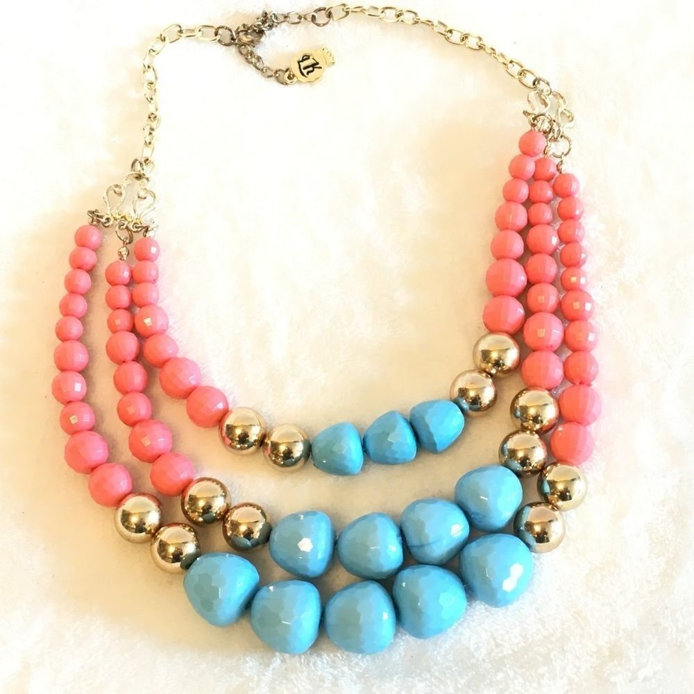 LK Pink Blue Gold Beaded Statement Necklace